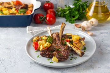 Grilled lamb chops and potatoes in delicious view