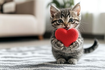 Naklejka premium Marketing domestic animal concept graphic concept art. Manx - my cherished cat, symbol of care. Cute manx baby cat with companion toy red heart at cozy homestead. Valentineâ€™s kitten play.