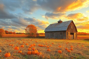 Autumn sunset, pumpkins, barn, field