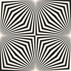 Black and white vector geometric seamless pattern. Optical illusion effect. Abstract texture with broken lines, stripes, burst, chevron, tiles. Trendy op art background. Repeat design for print, cover