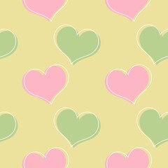 Repeating raster pattern with green and pink hearts on a yellow background