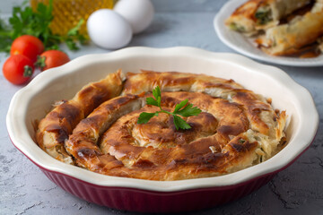 Turkish Tepsi Boregi, Round Borek, Tray pastry (Turkish name; rulo borek - ispanakli borek)