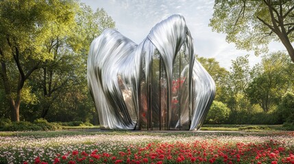 Serene Steel Sculpture in a Blossoming Garden