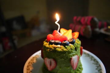 Birthday Cake, Homemade, Fruit cake, Mini cake, Holiday,  Candle, matcha, green tea, green cake, dessert