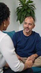 Fototapeta premium A mature Hispanic man finds cultural stress relief at a calming workshop guided by an empathetic African American counselor