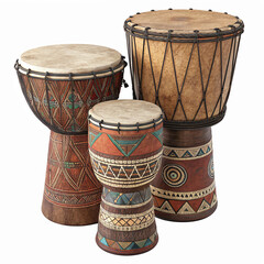 Traditional African Drums with Tribal Patterns and Natural Wood Finish for Cultural and Musical Themes