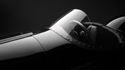 a close-up of a vintage black race car with a sleek curved windshield rivets and glossy reflections under moody lighting
