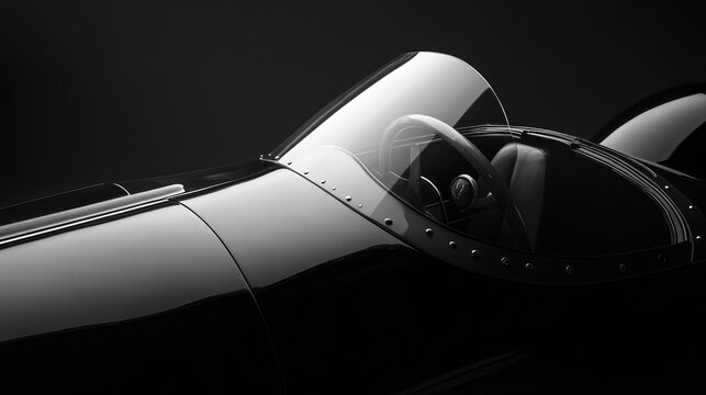 a close-up of a vintage black race car with a sleek curved windshield rivets and glossy reflections under moody lighting
