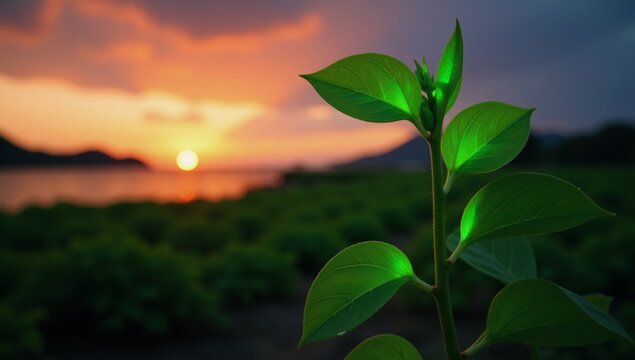 Glowing sunset-lit plant illustration symbolizing technology or sustainability concepts