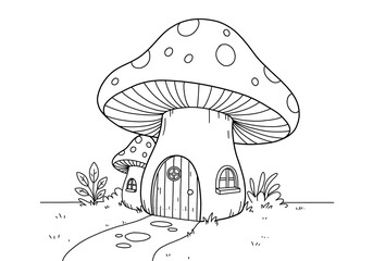 Simple black and white coloring page, whimsical mushroom house with a rounded door and tiny windows, a small pathway leading up, a couple of plants around, thick smooth outlines