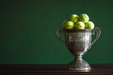 A silver trophy with tennis balls on top, ideal for use in sports or awards settings