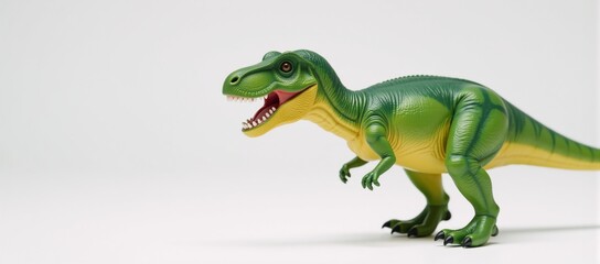 Naklejka premium A T-Rex toy open-mouthed against a white backdrop GreenYellow Dinosaurs