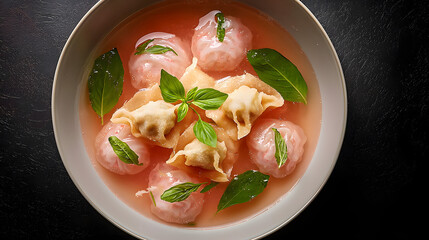 High-End Studio Shot of Thai Yen Ta Fo with Dumplings and Basil