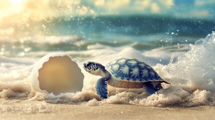 Tiny sea turtle hatching beach nest nature photography ocean environment close-up view new life