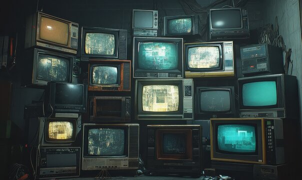 An assembly of old TVs stacked together, suitable for depicting themes of technology, obsolescence, or vintage electronics.