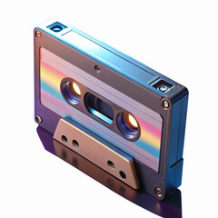 Obraz premium Retro Audio Cassette Tape with Metallic Rainbow Reflection and Vintage Design Isolated on Black Background