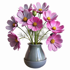 Naklejka premium Beautiful Pink Cosmos Flowers in Gray Ceramic Vase with Green Stems on Transparent Background
