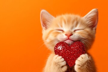 Cute singapura young cat with sparkling rhinestones red heart - sign of love, funny greeting card. Singapura - my preferred cat. Ad creative. Heart-shaped valentine. February 14th love.