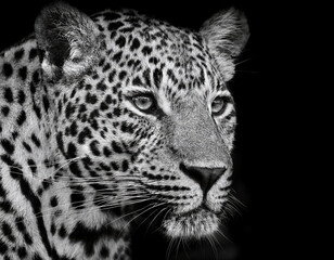 Fototapeta premium A black and white portrait of a leopard showcases its intense gaze, detailed fur patterns, and strong facial features against a dark background.