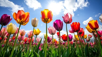 Obraz premium Captivating blooms of multicolored tulips tulip field floral photography outdoor landscape aerial view nature's beauty