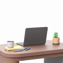 Modern Workspace with Laptop Coffee Plant Books and Stationery on Clean Desk