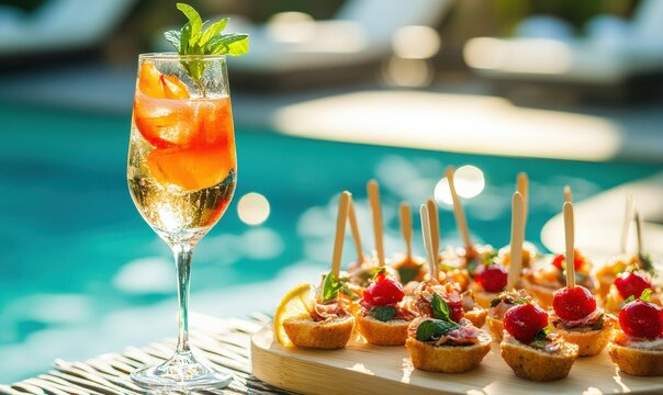 Delicious canapes by the poolside with refreshing drinks and summer vibes in bright sunlight
