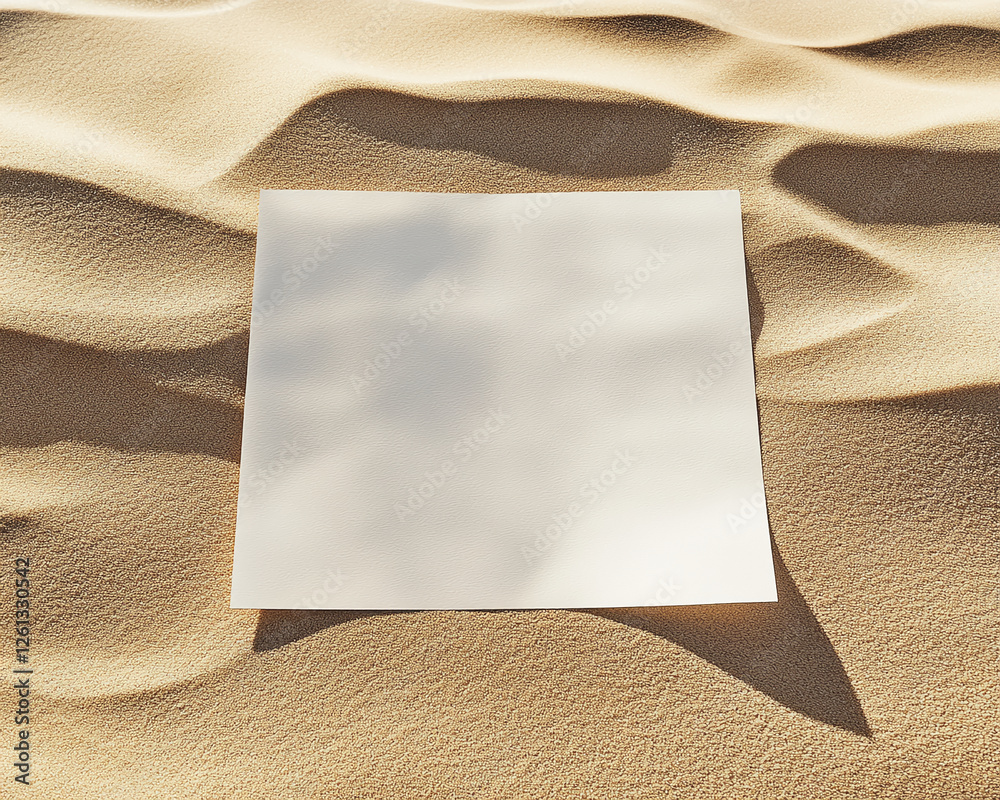 Poster a blank white sheet of paper placed on a sandy surface with soft shadows, symbolizing space for crea