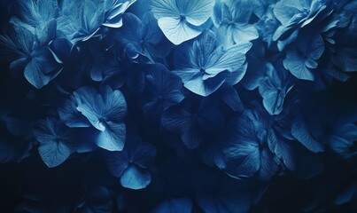 Blue hydrangea petals forming a textured floral composition, illuminated with soft natural light for a dreamy and romantic aesthetic
