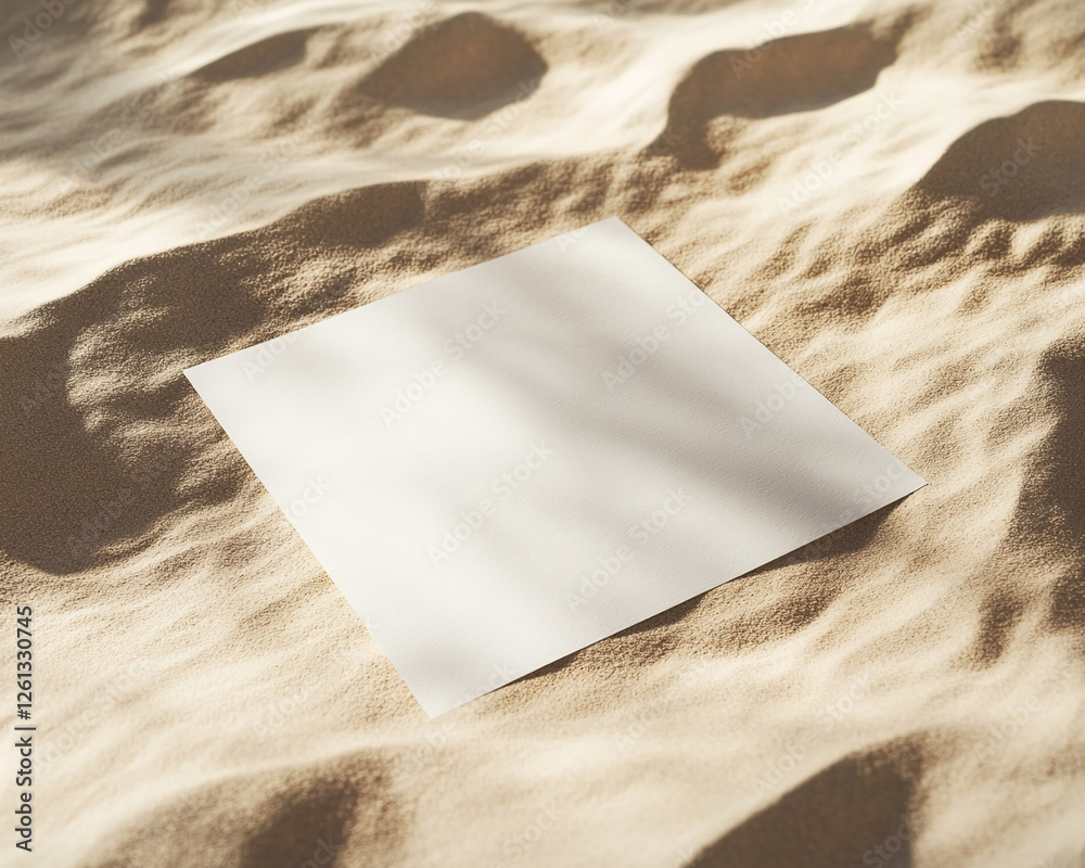 Poster A blank white sheet of paper resting on a sandy surface with soft shadows, symbolizing space for creativity, text, and design, ideal for mockups, branding, and advertising.
