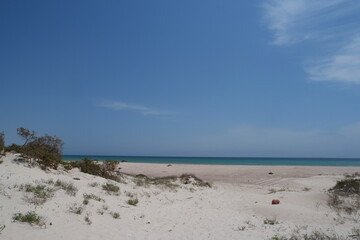 Tranquil Socotra Aomak Beach in Yemen with Clear Blue Skies and Serene Sand Dunes
