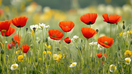 Obraz premium Poppy Flowers Blooming in a Vast Field, Showcasing Nature's Beauty and Colorful Landscape