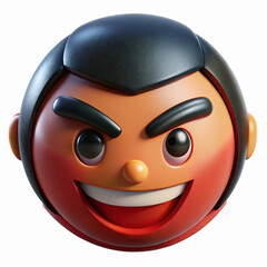 3D Cartoon Face with Black Hair Red Blush Expressive Smile and Angry Eyebrows on White Background