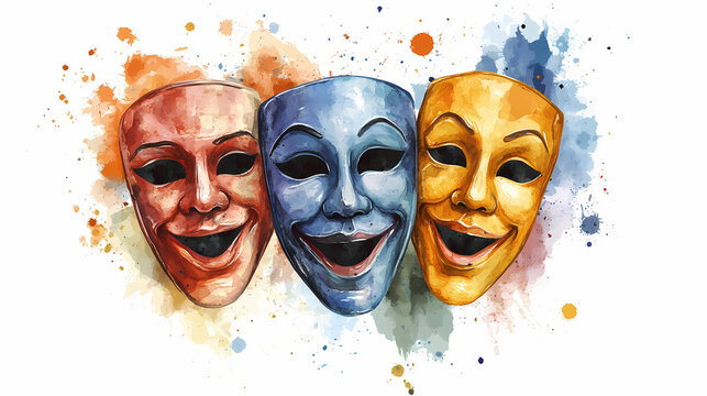 Collection of comedy masks of theater actors, watercolor clipart illustration with white isolated background. Dimension-Warping Masks. Illustration