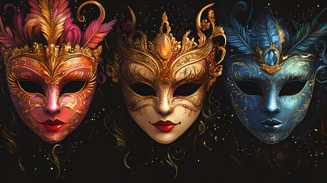Colored masks decorated opera themed event local carnival. Dimension-Warping Masks. Illustration