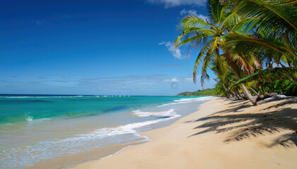 Obraz premium A beautiful tropical beach with golden sand, turquoise water, and tall palm trees under a clear blue sky.