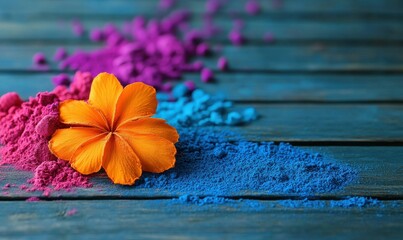 Colorful powders with an orange flower on a wooden surface against a blue background.