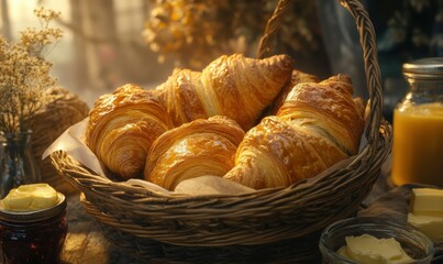 Close-up of golden, flaky croissants arranged in a woven basket, surrounded by fresh butter and jam jars for a cozy breakfast scene.