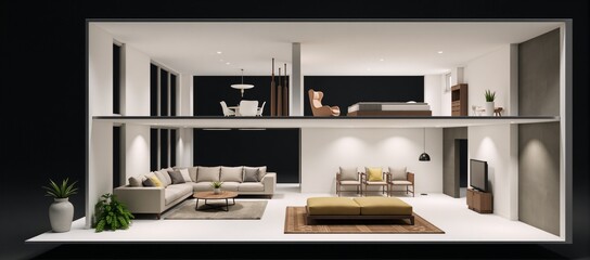 Cross-sectional render illustration showcases cozy home interiors featuring expansive living spaces an upstairs bedroom and rooms for customization