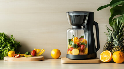 Flat Lay Composition of a Blender, Fresh Fruits, and a Cutting Board on a Light Wooden Surface with Room for Text, Ideal for Smoothie and Healthy Recipe Themes, Copy Space
