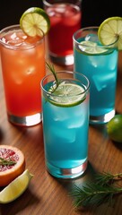 Brightly colored cocktail drinks served at summer events adorned with fresh limes  herbs