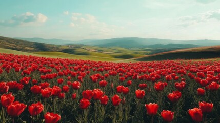 Blooming red tulips flower garden nature photography vibrant atmosphere close-up seasonal beauty