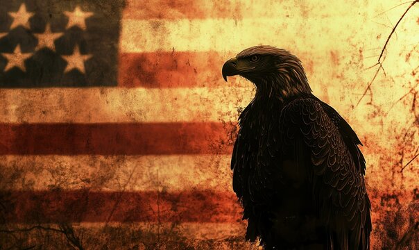 an eagle in front of an American flage