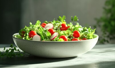 Crisp and vibrant salad of mixed greens, cherry tomatoes, and radishes in a modern ceramic bowl, celebrating fresh and healthy eating.