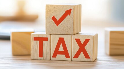 Wooden Blocks Arranged to Spell Tax with Check Mark Symbol