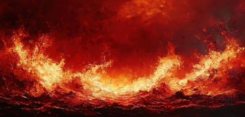 Obraz premium A fiery blaze of flames and fire, set against a deep red background, creating an intense, dramatic scene.