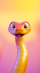 Fototapeta premium Colorful 3D-rendered cartoon snake with expressive eyes and a friendly smile, set against a vibrant gradient background, symbolizing playfulness, creativity, and digital art