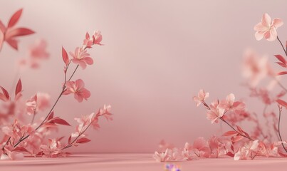 Fototapeta premium Fresh cherry blossoms blooming on thin branches, set against a pastel pink gradient, capturing fleeting beauty