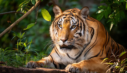 Obraz premium A majestic Bengal tiger's profile shows its distinctive orange and black stripes against a natural green background. 