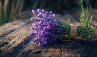 Bright bouquet of purple lavender tied with a twine ribbon, lying on a textured wooden surface for a charming rural vibe