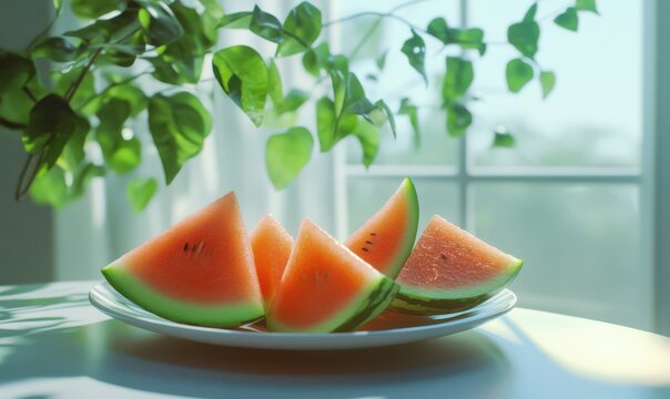 Freshly cut watermelon wedges with glistening red flesh and crisp green rinds, arranged on a clean white plate, exuding tropical vibes